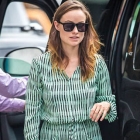  Olivia Wilde Showed off her legs in a Green Striped Shirt Dress with Partner Jason Sudeikis in NYC