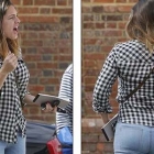 Kelly Brook in casual shirt and jeans
