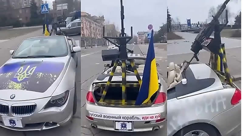  BMW convertible fitted with machine-gun spotted in Mykolaiv, Ukraine amid Russian invasion